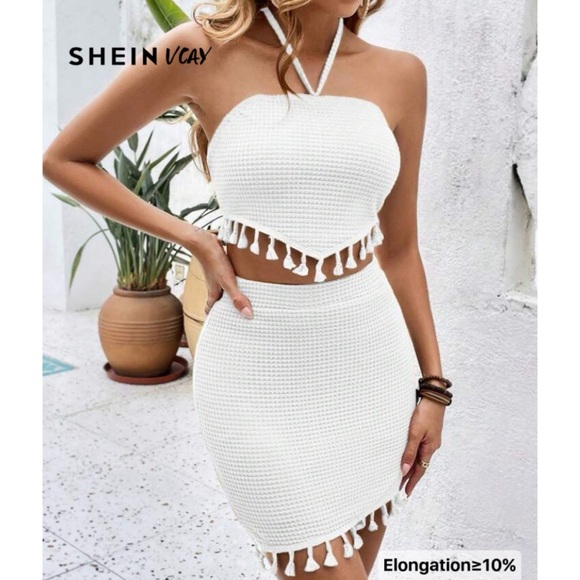 NWT SHEIN Crotchet Boho Knit White Skirt Set Size Large Bohemian Style 2 Piece - Picture 2 of 13